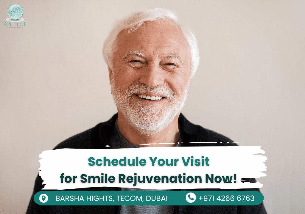 Before and after smile rejuvenation at Mint Dental Care, showing brighter, younger-looking teeth.